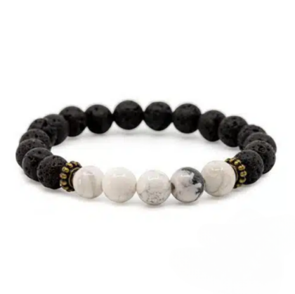 Pulseira 5 Pedras, Lava com Howlita Branca – Esferas 8 mm