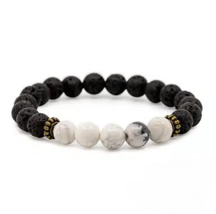 Pulseira 5 Pedras, Lava com Howlita Branca – Esferas 8 mm