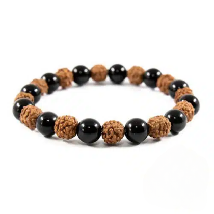 Pulseira de Rudraksha e Obsidiana Negra – Esferas 8 mm
